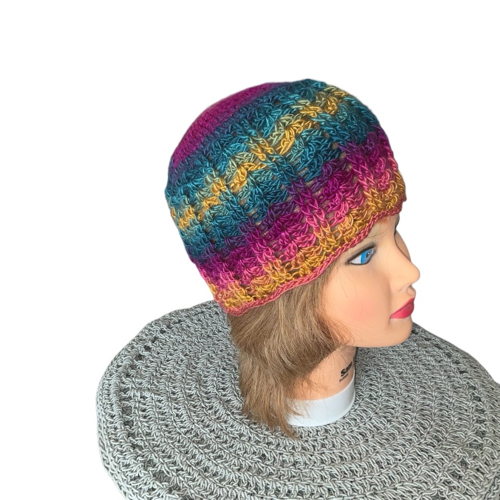 Handmade Crochet Beanie Soft Colorful Adult with ribbed and scallop design - Picture 3 of 5